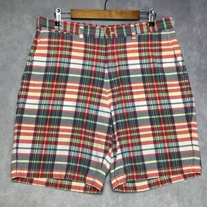 Lands End Mens Plaid Shorts size 35 Cotton‎ Flat Front Traditional Fit Red Green